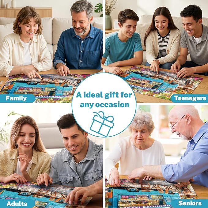 500 Piece Jigsaw Puzzle for Adults, Colorful Coffee Truck on Floral Street | Fresh pastries, vibrant blossoms, cozy sidewalk cafe vibes, family game night, screen-free fun, wall decor and unique gifts
