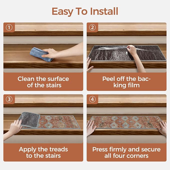 sarben 8"x30" Non Slip Stair Treads for Wooden Steps 15 Pack, Rust | Peel and Stick Carpet Stair Runner with TPE Adhesive Backing, Carpet for Added Safety, Pet and Senior Friendly