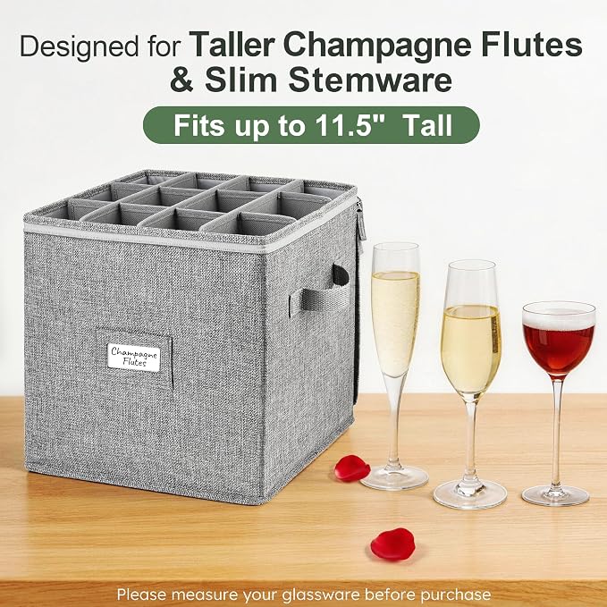 LotFancy Champagne Flute Storage Container, Hard Shell, Stackable, 12" Tall Wine Glass Storage Box with Dividers & Handles, Stemware, Crystal Glassware, Drinkware Case for Moving, Grey