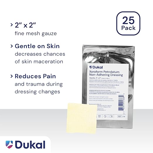 Dukal 214 Xeroform Petrolatum Gauze, Sterile, 2" W x 2" L (Pack of 25)