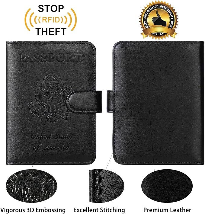 Passport Holder With Luggage Tag Cover Wallet RFID Blocking Leather Case Travel Essentials Accessories Travel Must Have(114#Black)