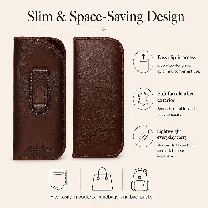 Calabria Slim Eye Glasses Case w/Clip Soft PU Leather Brown Men Women Eyeglasses Pouch Slip-In Eyewear Holder Sunglass Bag - 50PACK