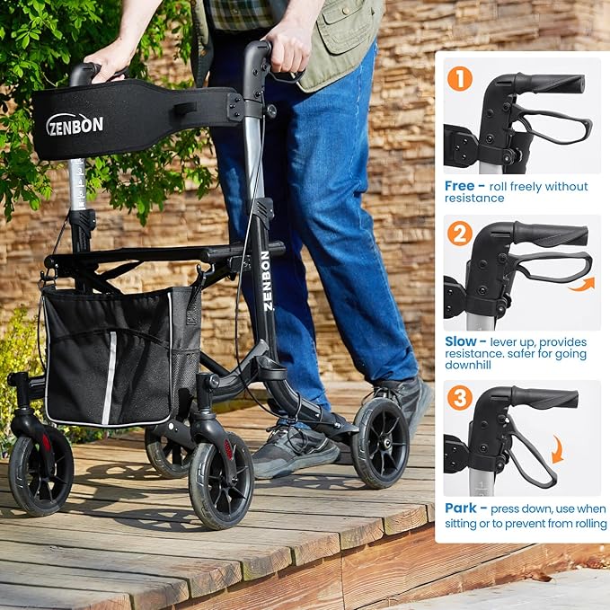 Rollator Walker for Seniors/Adults Foldable Rolling Walker with Seat 330 lbs Capacity 4 Big 8 inch Wheels Hand Grips Adjustable Height Lightweight Aluminum Walker Removable Back Support 7209(Black)