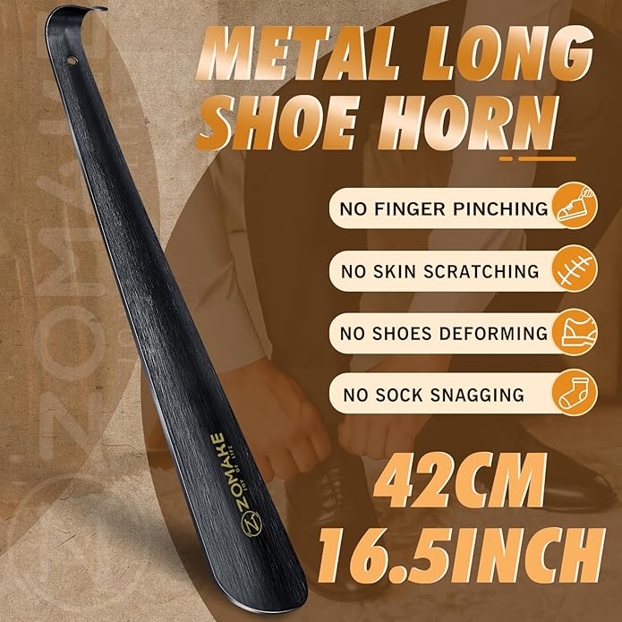 ZOMAKE Shoe Horn Long Handle for Seniors Men Women,16.5" Metal Long Shoehorn for Boots Shoe Spoon Helper