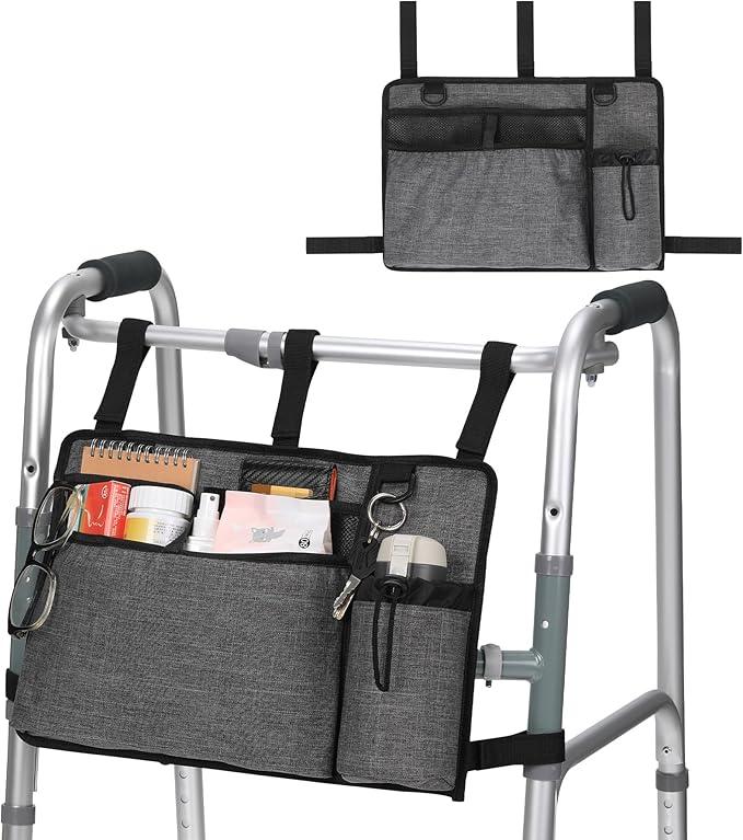 Walker Accessories for Seniors - Folding Walker Bag with Cup Holder, Storage Basket, and Organizer Pouch, Grey