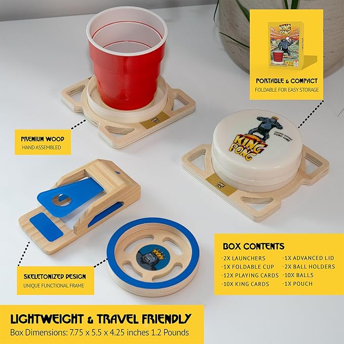 King Pong Original Shot Making Portable Pong Card Game for Kids, Teens & Adults | 1-4 Players | 12 Mini Games Included | Family Game Night, Travel & Party Fun