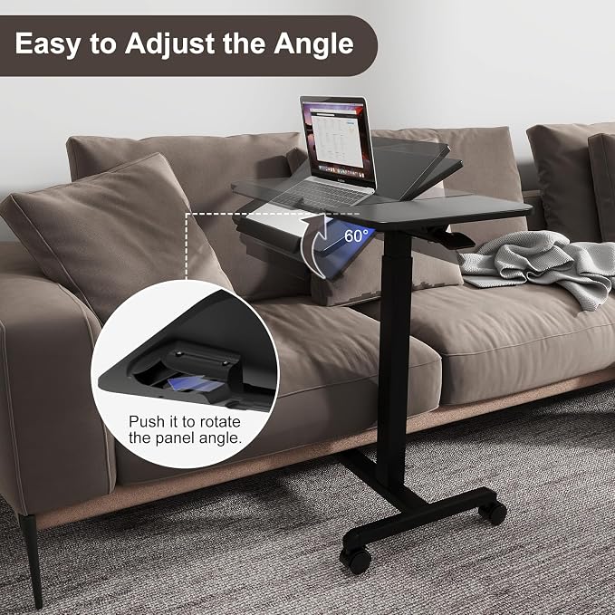 PUNCIA 28" Overbed Table with Split Tilting Desktop,Pneumatic C Table,Black | Mobile Laptop Desk for Bedside, Height Adjustable End Table with Wheels, Computer Cart for Home Sofa Office & Hospital Use