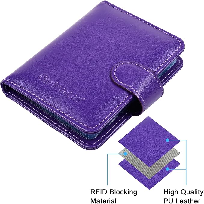 Wisdompro Credit Card Holder, RFID Blocking Wallet Debit Card Protector | Slim Leather Credit Card Organizer Case, Card Case with Magnetic Closure, 20 Card & 7 Memory Card Slots - Vertical Purple