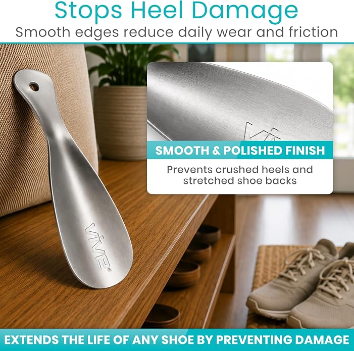 Vive Metal Shoe Horn For Seniors, Men, Women - Stainless Steel ShoeHorn | With Wide Handle - Metal Spoon Lazy Shoe Helper for Boots, Dress Shoes, Casual Sneakers - Portable, Extended Reach Helper