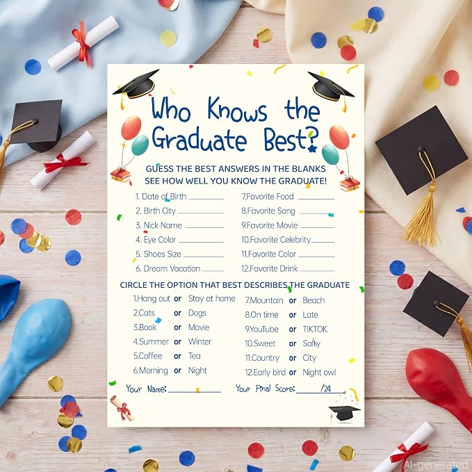 30PCS 2026 Graduation Party Game Cards, Who Knows The Graduate Best Game, Senior High School & College Graduation Party Favors-DH01