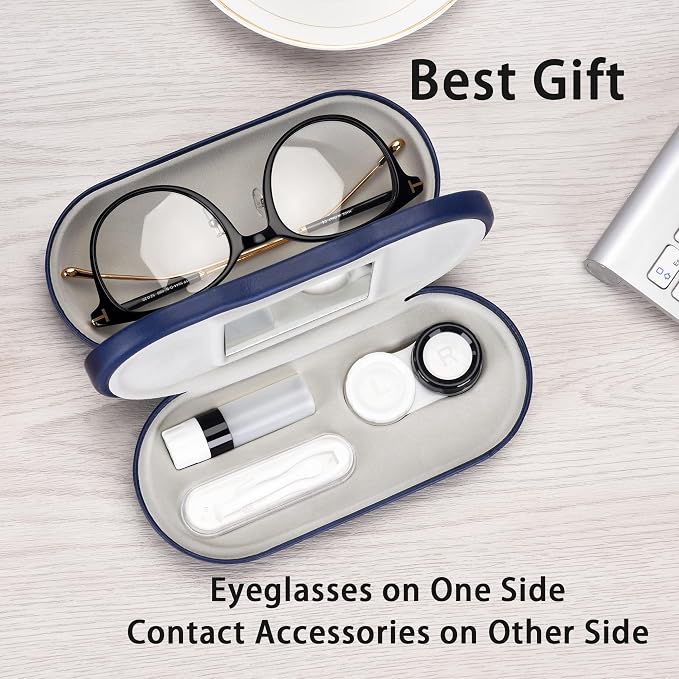 Muf 2 in 1 Contact Lens Case and Glasses Case, Double Sided Design with Mirror, Portable Travel Kit with Tweezer, Remover and Solution Bottle, Blue