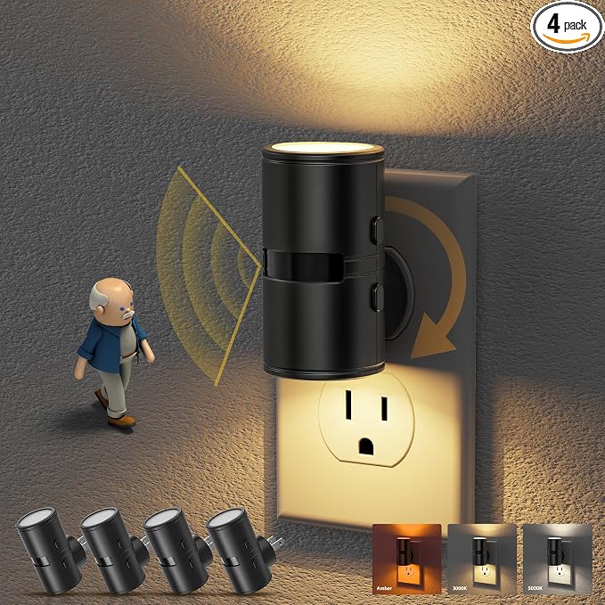 JandCase Motion Night Light, Rotating Night Lights Plug into Wall, 3 Colors | 3000K-5000K-Amber, Dusk to Dawn & Motion Sensor, 3 Level Brightness Nightlight for Bathroom Bedroom Hallway [4 Pack]