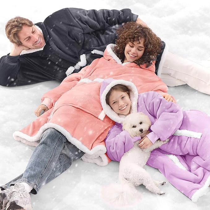 JOYWOO Pink Oversized Wearable Blanket Hoodie,Cat lovers Long Hoodie Blanket for Adult,Birthday Gifts for Women Men Mom,Cozy Sherpa Sweatshirt Hooded Blanket Giant Pocket Gifts,Mellow Rose Oversize