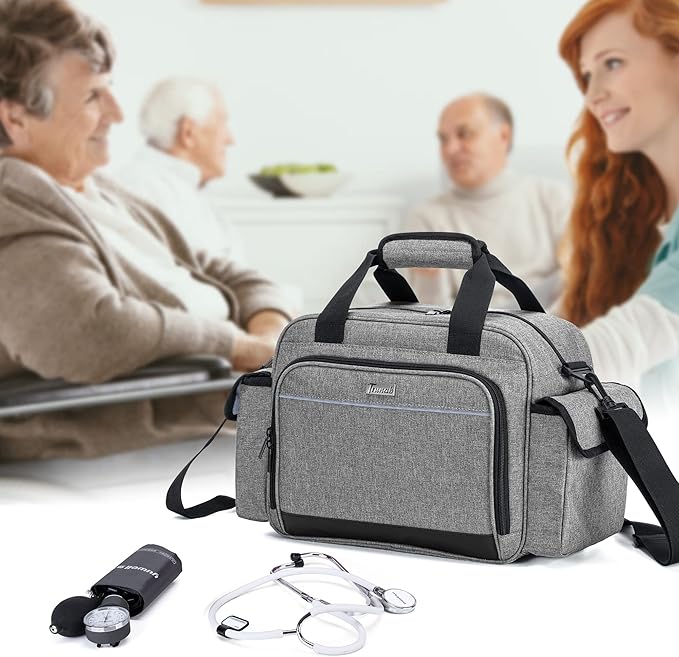 Trunab Home Health Nurse Bag Empty, Portable Medical Supplies Shoulder Bag | for Hospice, Home Visit, Hospital Interns, Grey, Bag Only