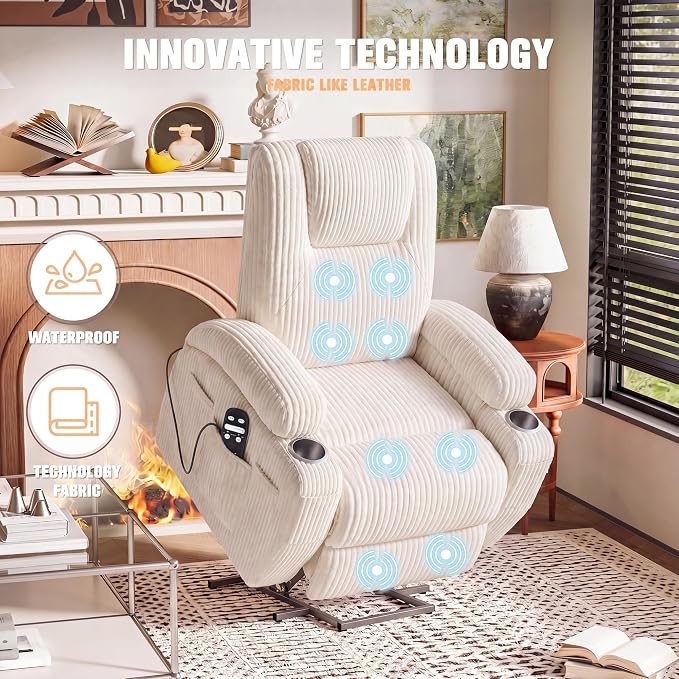 Flamaker Power Lift Recliner Chair Electric Lift Recliner for Elderly | Power Lift Recliner Chair with Cup Holders Side Pockets for Living Room (Corduroy, Beige)