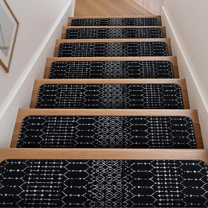 OJIA Stair Treads Non-Slip Stair Runners for Wooden Steps 15PCS 30"x8" | Indoor Carpet Stair Treads Stair Mats Staircase Step Treads for Kids, Elders and Dogs, Stair Covers, Black