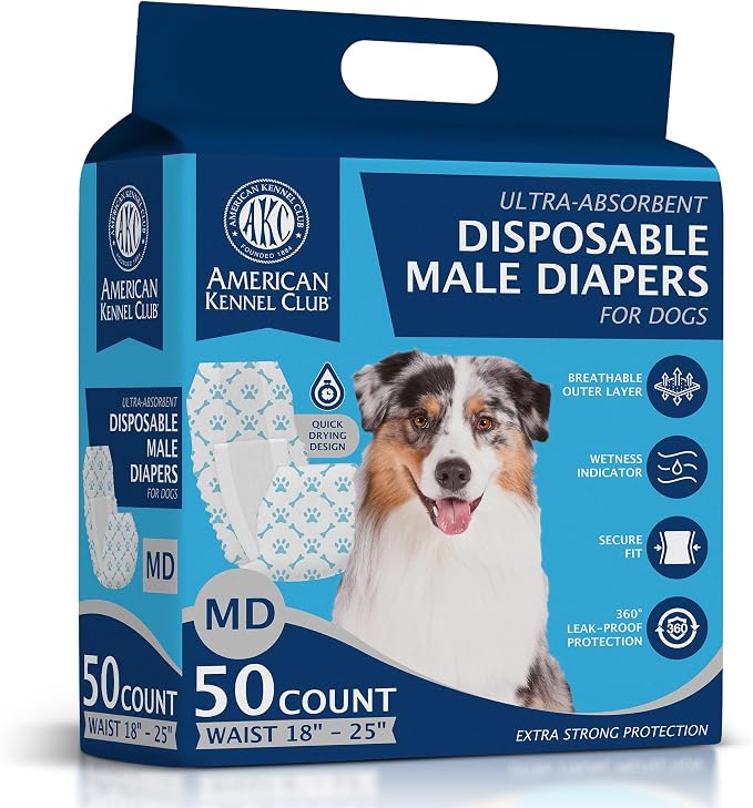 American Kennel Club Male Dog Wrap, Disposable Diapers with Wetness Indicator, Medium, 50 Count