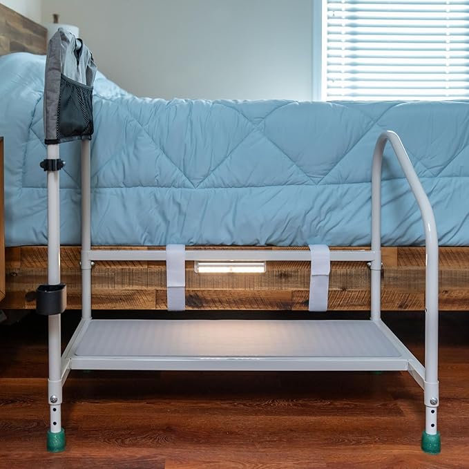 step2bed Deluxe Bed Rails for Elderly Adults - Adjustable Height Bed Safety Rail for Seniors with Cane Holder, LED Light, Mesh Bag, Handicap Grab Bars and More - Premium Bed Side Step Assist Device