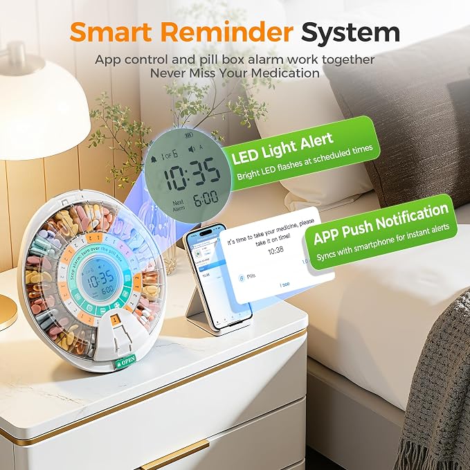 Betife Automatic Pill Dispenser,28-Day Smart Bluetooth Pill Box, Easy Setup | App Support, Pill Case with 6 Alarms & Light Reminder, Electronic Medication Management for Seniors, Monthly Timer Dispenser