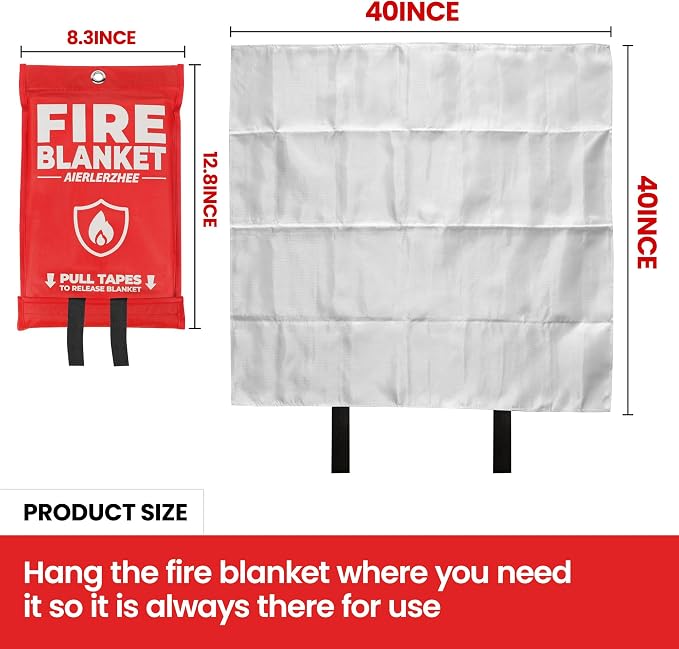 Fire Blanket 4 Pack 40"x40" – CE Certified Fiberglass, Heat Resistant to 1076°F – No-Mess Fire Suppression for Kitchen, Grill, Car, Camping & Home Safety