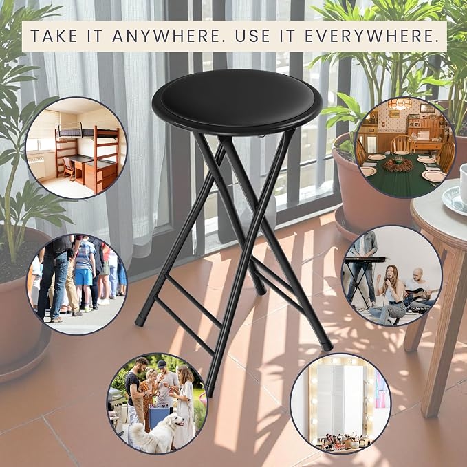 Lavish Home Folding Stool with Padded Backless Seat, Black, 24 Inch | Counter Height Bar Stools with 225lb Capacity, Portable Indoor & Outdoor, Extra Seat for Kitchen, Rec Room or Camping