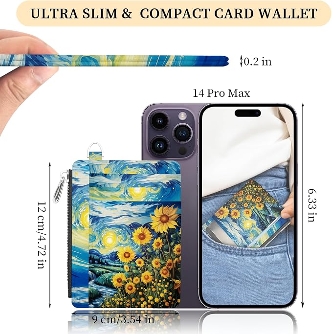 Hancynir Sunflower Slim Wallet Women Credit Card Holder, RFID Small Cute | Zipper Pocket Wallet, Thin Travel Coin Purse, Ladies Women Gifts, Minimalist Card Case, 6 Card Slots, ID Window, PU Leather