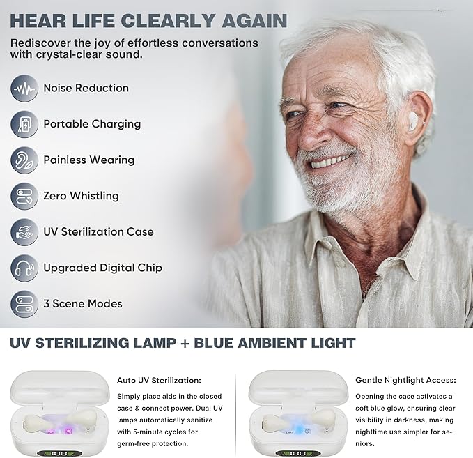 Hearing Aids for Seniors Rechargeable with Noise Cancelling, Hearing Aids Compatible with Oricle, Clear Sound &UV Cleaning, Super-Mini Invisible Design Comfort Fit in Ear Canal, White