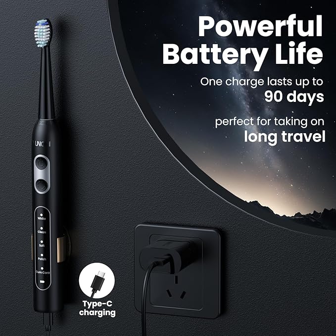 YUNCHI Electric Toothbrush Birthday/Valentine Plastic 8 Dupont Heads 24-Mo Deep Cleans Gentle Gums Removes Stains 3Hr USB-C 90d 2-Min Timer/30s IPX7 - Black