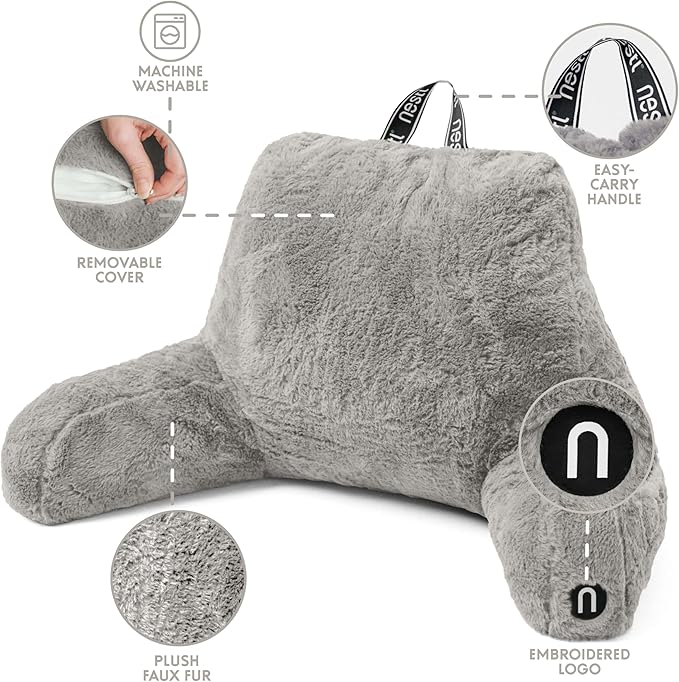 Nestl Fur Reading Pillow with Laptop Lap Desk, Stylish Back Pillow for Sitting Up, Lap Desk with Reading Pillows for Sitting in Bed Adult & Kids, Faux Fur Chair Pillow with Arms - Grey