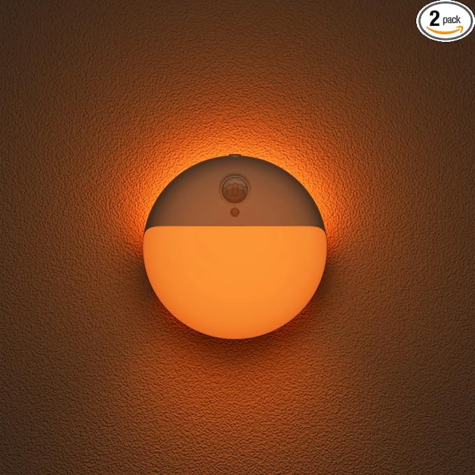 Small Motion Sensor Amber Night Light Battery Operated, Toilet Light | 2 Pack, 3 Modes, Dimmable 1-15lm, Dim Light Soft Glow, No Plug, Wireless Stick on Light for Bedroom, Sleep, Bathroom, Kids