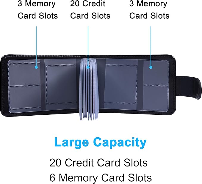 Wisdompro Credit Card Holder, RFID Blocking Wallet Debit Card Protector | Slim Leather Credit Card Organizer Case, Card Case with Magnetic Closure, 20 Card & 7 Memory Card Slots - Horizontal Black