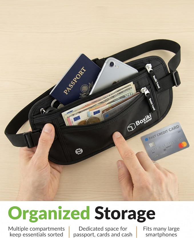 Money Belt for Travel with RFID Blocking Technology - Hidden Travel Money Pouch for Cash, Credit Cards, Passport, and Travel Valuables - Secure Water Resistant Money Belt for Men and Women - Black