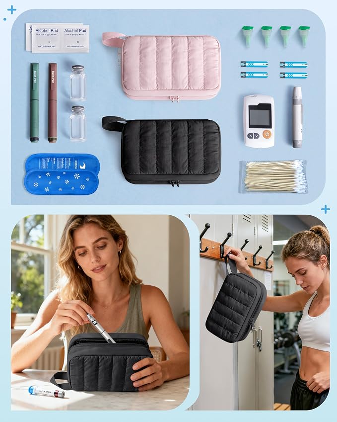 Marscamd Puffy Diabetes Travel Case with 2 Ice Packs, Insulin Cooler Travel Case with Multiple Pockets, Black