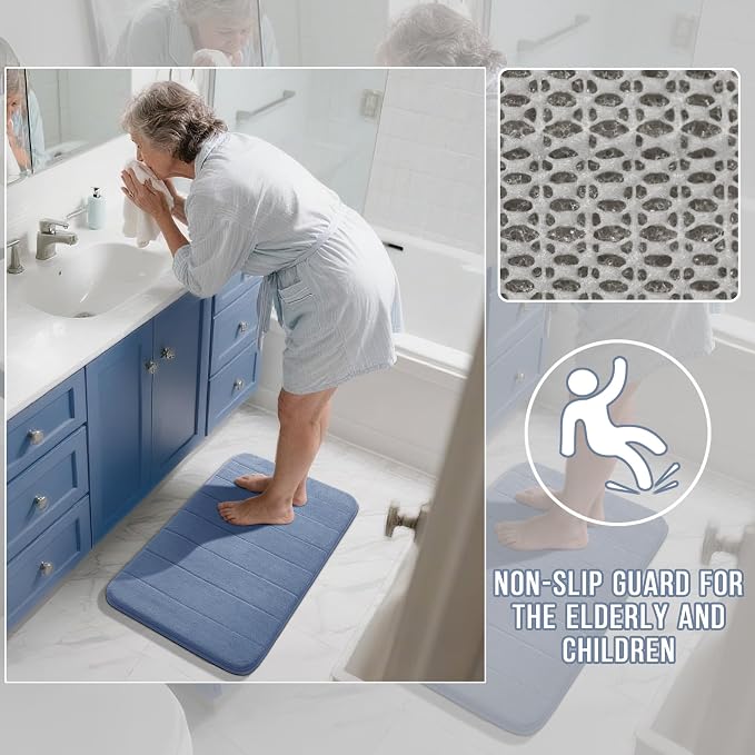 Yimobra Memory Foam Bath Mat, Super Soft Absorbent Bathroom Rug Non Slip 31.5x20 Inch, Quick Dry, Machine Washable Floor Carpet for Tub Shower, Home Decor Accessories, Denim Blue