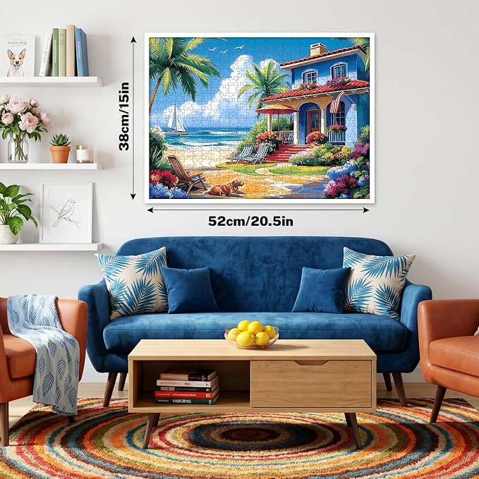 500 Piece Puzzle for Adults – Coastal Beach House Jigsaw Puzzles 500 Pieces, Ocean View Vacation Scene with Palm Trees & Dog, Relaxing Adult Puzzle, 20.5 x 15 in