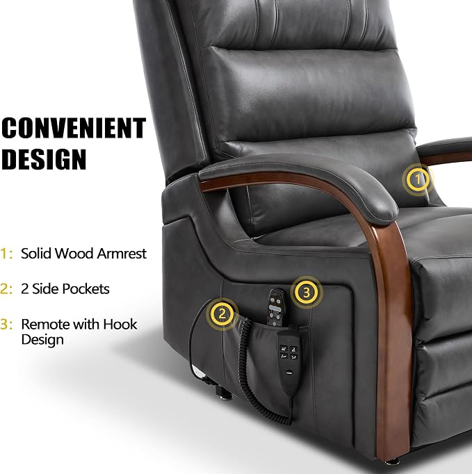 Power Lift Recliner Chair for Elderly People, Dual Motor Lift Chair with Vibration Massage and Heat, Lay Flat Recliner with Solid Wood Armrest, Standing Assistance Reclining, Faux Leather Dark Gray