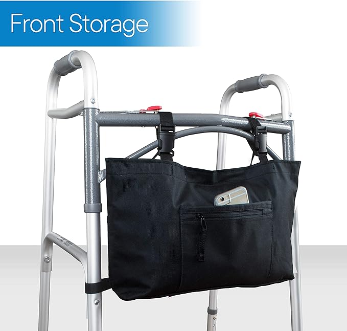 RMS Water Resistant Tote Bag for Walker, Rollator or Scooter (Black) | Walker Bag and Organizer, Carry a phone, wallet and personal items on a walker, rollator or scooter within easy reach
