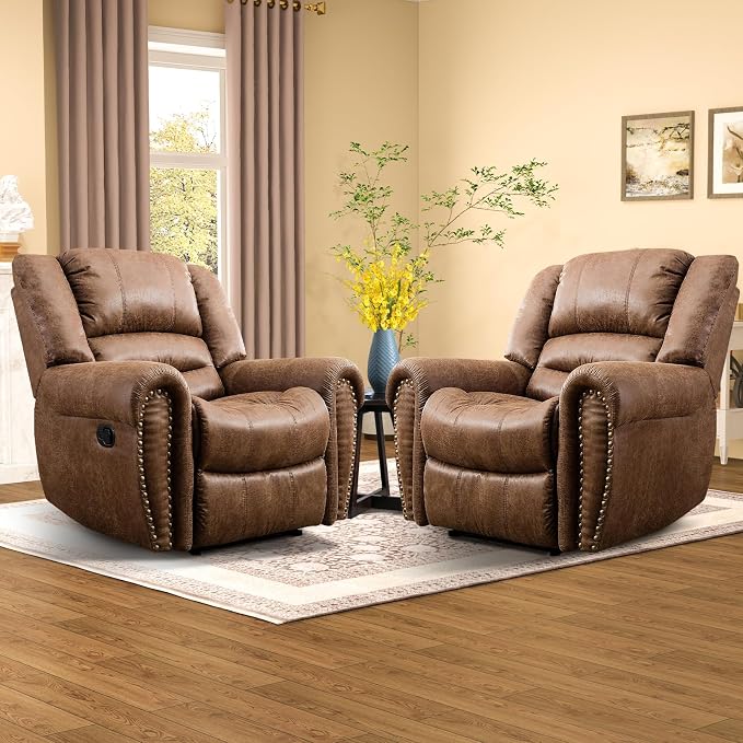 Leather Recliner Chair Set of 2, Classic and Traditional Manual Recliner Chair with Comfortable Arms and Back,Manual Single Recliner Sofa for Living Room, Nut Brown