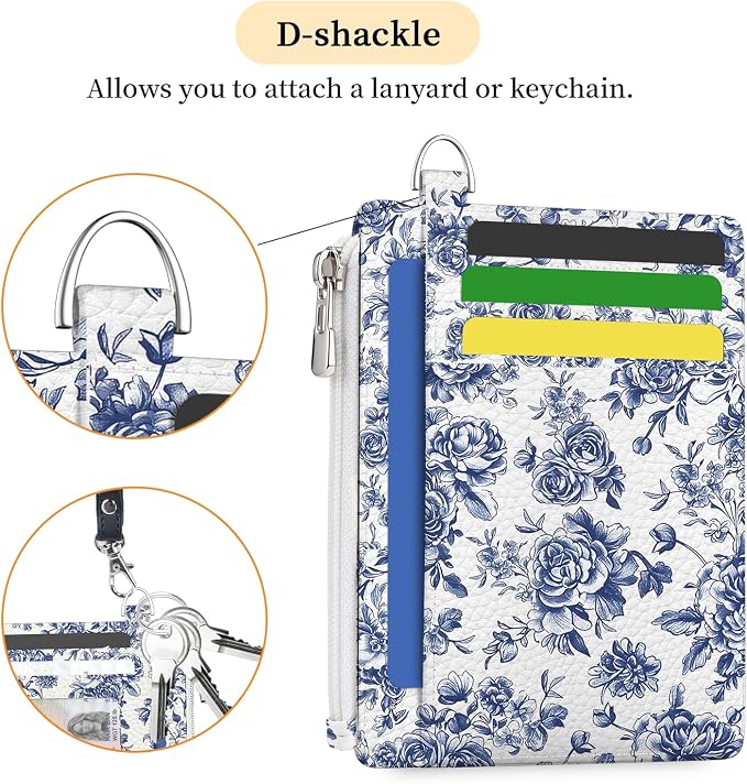 Hancynir Floral Flower Credit Card Holder Small Wallet Women Slim RFID Cute | Zipper Keychain Pocket Wallet, Thin Travel Coin Purse, PU Leather, Minimalist Card Case, 6 Card Slots, Ladies Women Gifts