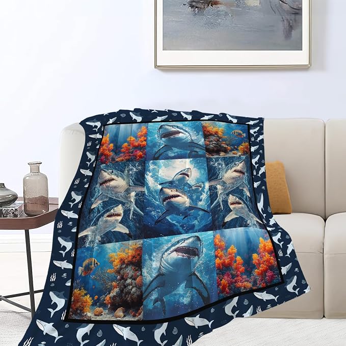 Yibuda Shark Blanket Ocean Underwater Flannel Plush Throw Blanket Cozy Nautical Coral Decor Fleece Stuff Blanket Gifts for Lover Girls Boys Kids Adults Women Bed Travel 50"x60"