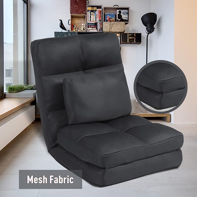 Floor Chair with Back Support for Adults Adjustable 14 Positions Video Game Chairs Foldable Floor Lounger with Pillow 8823(Black)