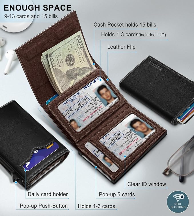 Wallet for Men,with Cash Pocket 2 ID Window 9-13 Cards,Metal Case Smart Slim Pop Up Credit Card Holder Flip with Magnetic Closure RFID Blocking Trifold wallet with Gift Box