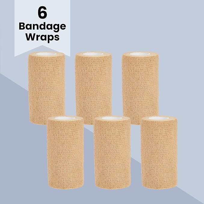 Juvale Cohesive Self-Adhering Elastic Bandage Wrap - Sprain Support & Medical Tape - Vet Wrap for Horses & Horse Leg Support - Sport Tape & Tattoo Bandage - 4 in x 5 yd, Tan, Pack of 6