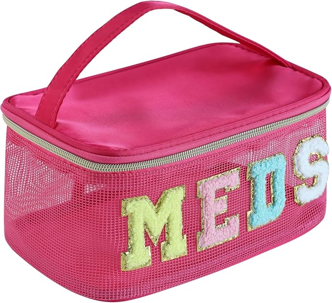 Medicine Bag, Portable Meds Bag with Chenille Letters, Breathable Mesh Makeup Bag Organizer for Travel, Pill Storage & Cosmetic Collection
