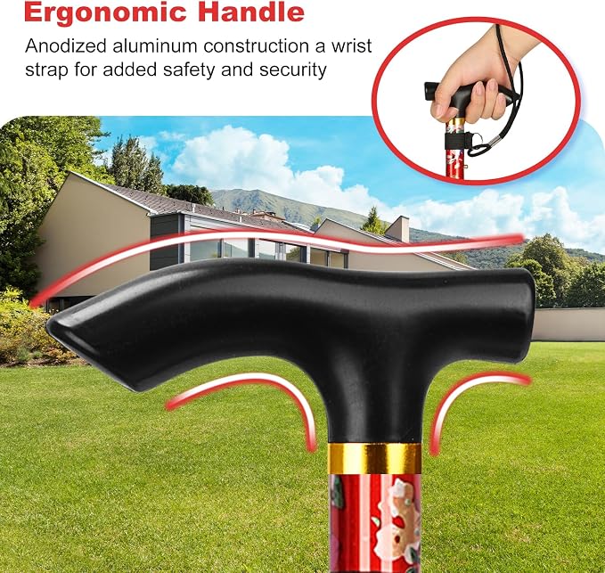 MFE Folding Cane, Portable 5-Level Adjustable Height Walking Stick with Foldable Design, Wrist Strap, and T Handle for Men and Women