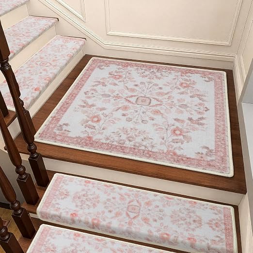 RORA Stair Treads Landing Mat, 30x30 Stair Landing Rug for Indoor | Non-Slip, Washable, For Wooden Steps, Floral Design, Stair Rugs Mat for Pets, Pink