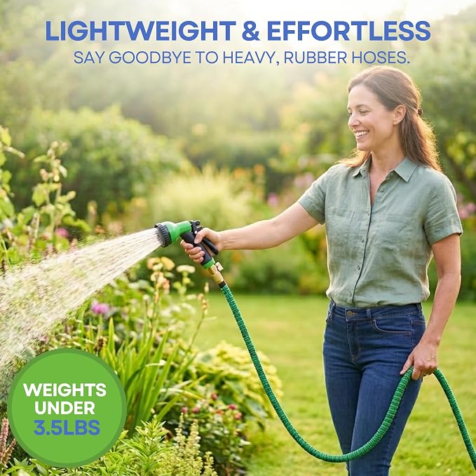 J&B XpandaHose 50ft Expandable Garden Hose, Lightweight, Brass Connectors | Ultra Strong 3750D fabric, 4-layer latex core, expands 3X, kink & leak-resistant, 10-pattern nozzle, storage bag