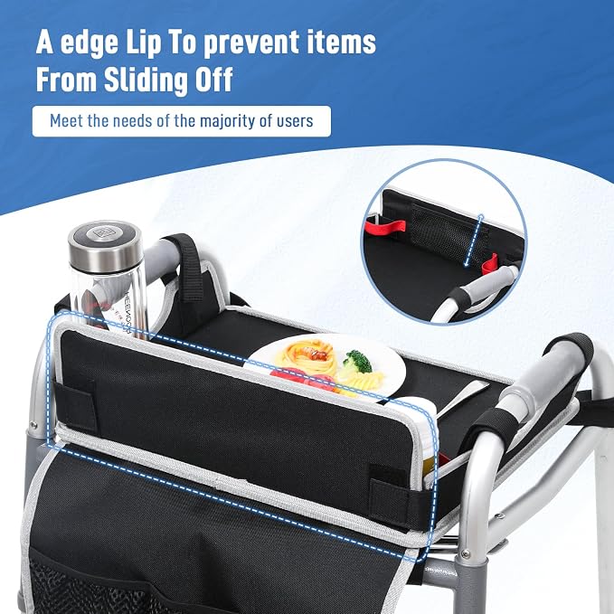 JFMkaer Walker Tray with Cup Holder – Folding Walker with Pockets & Non Slip Mat for Food,Mobility Trays Fits Most Standard Folding Walkers,Walker Accessories for Elderly