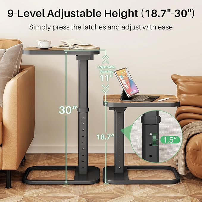 Kitstorack TV Tray Table, Adjustable Height & Flip-Top & Rounded Metal Corners, Snack Table for Couch, Sofa, Bed, Chair, Living Room, C Shaped End Side Table for Eating, Dinner or Laptop, Small Spaces