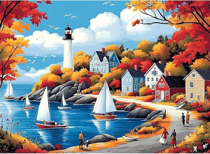 500 Piece Puzzle for Adults, Autumn Coastal Lighthouse Jigsaw Puzzle, Sailboat Harbor Village Landscape, 500 Pieces Puzzles for Adults with Letters on Back, Fall Scene Gift 20.5 x 15 in